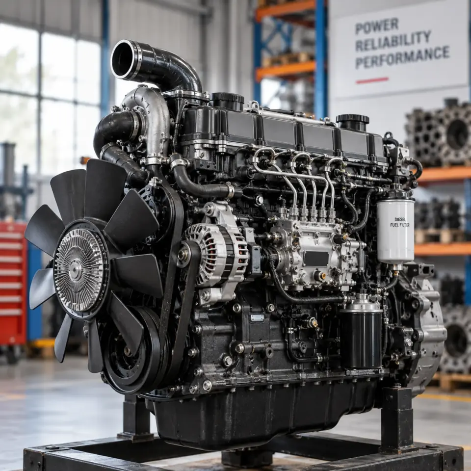 Industrial diesel engine on a workshop stand