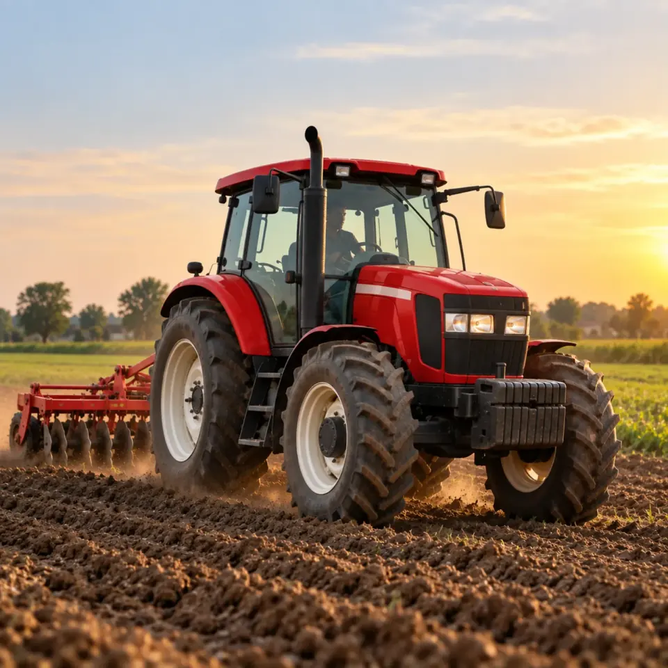 Tractor in the field pulling agricultural implements
