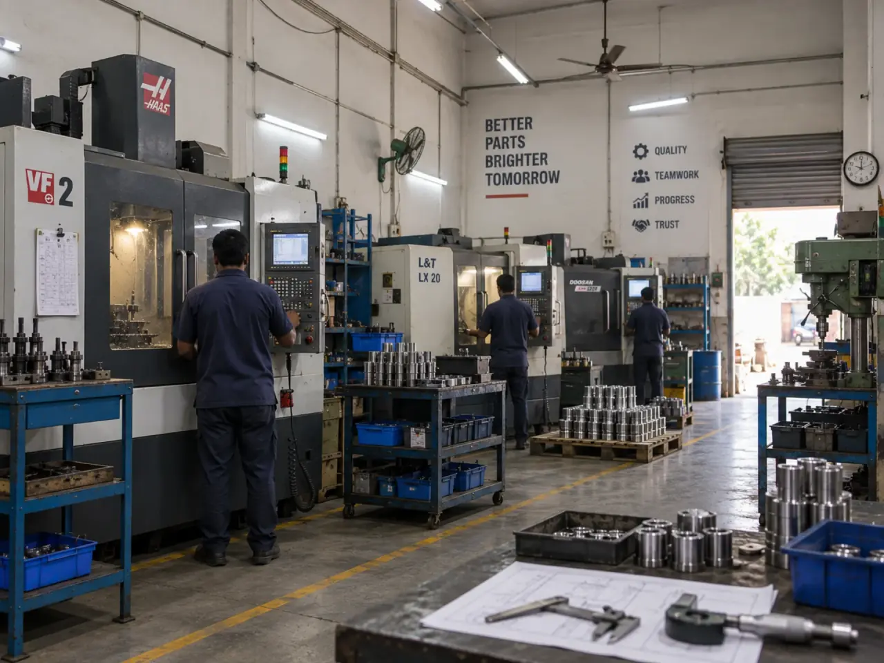 CNC machining shop floor with operators and precision inspection tools