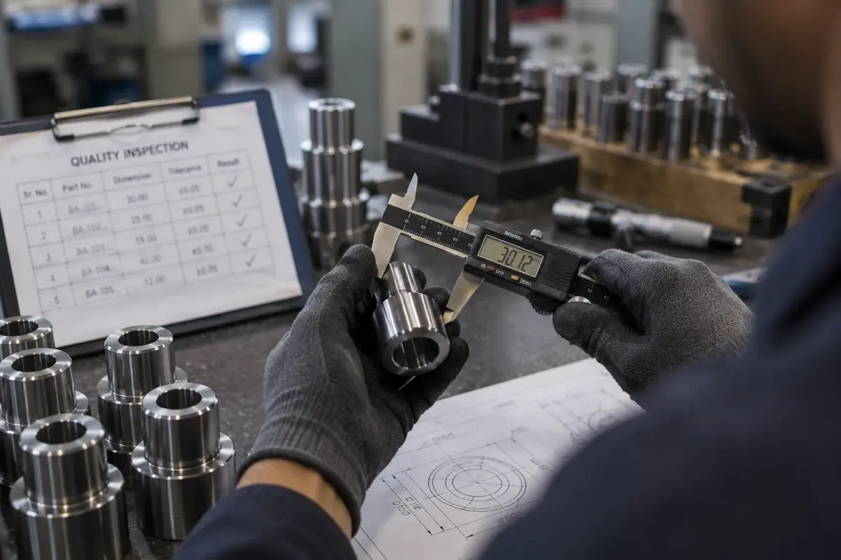 Digital caliper inspection of a machined part against a quality inspection sheet